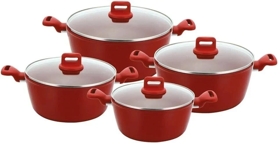 4Pcs Stockpot Aluminium Non Stick Cooking Pot Set, Induction Base, Glass Lid RED