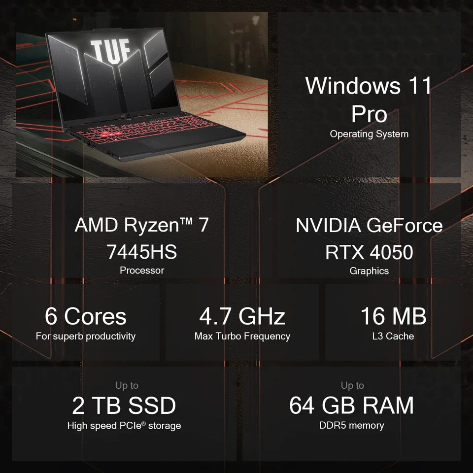 2025 ASUS TUF Gaming Laptop Ryzen 7 RTX 4050 Upto 64GB RAM 2TB SSD Office Pro - Image 3 of 4