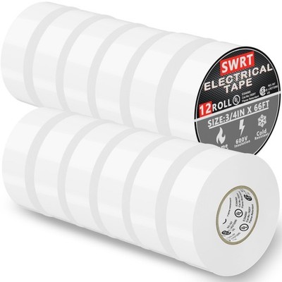 SWRT 12 Pack UL/CSA Listed White Electrical Tape 7 mils -600V, 0.75 in x 66 F...