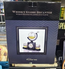 Whiskey Decanter Globe with 2 Etched Glasses And Clock By Homeries, Brand New!