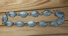 Vintage 70s Silver Tone Concho Metal Chain Link Western Cowboy Ornate Belt 30in