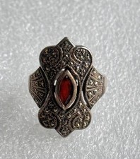 Vintage 925 Sterling Silver Carnelian Marcasite Ring Sz 5.25
