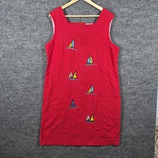 Country Concept Dress Nautical Sailboat Embroidered Midi Linen Cotton Size Large