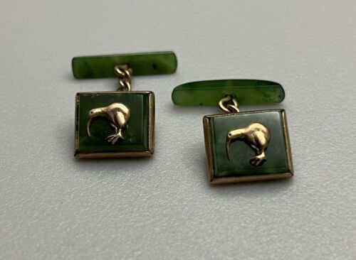 Great Antique Fine 9ct Gold & Green Jade Estate KIWI Bird Estate Cufflinks 8.6g - Picture 3 of 9