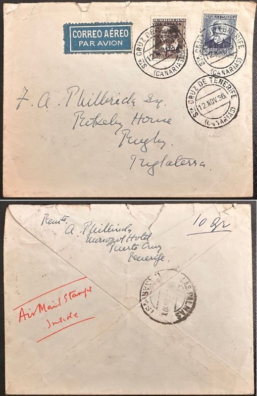 1936 Spain #550,#9LC3 on cover, Canary Islands to England *d2