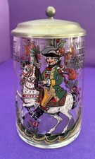 Hand Painted Glass Beer Stein w/ Pewter Lid Soldier on Horseback W. Germany SALE