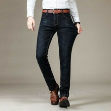 Men Straight Jeans Trousers Stretch Slim-Fit Casual Denim Pants Business