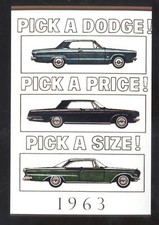 1963 DODGE PICK A SIZE & PRICE CAR DEALER ADVERTISING POSTCARD COPY