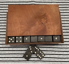 Antique Black Stone Dominoes w/ Silver Pins, Wood Box Incomplete 26 pc Set