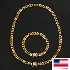 Stainless Steel 8mm 18K Gold Plated Miami Cuban Link Chain Set For Men Hip Hop