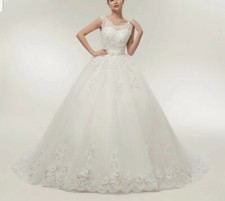 UK White/ivory Sleeveless Plus Size Sequins Lace A Line Wedding Dress Size 6-22