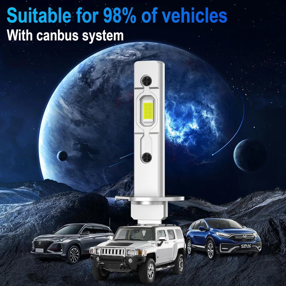 Lampadina H1 LED, 26000LM, 100W,6500K Luce Bianca Forte, Faro Auto, Kit Di Conve - Immagine 2 di 4