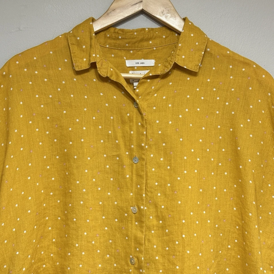 Blusa corta Nicole Miller a lunares 100 % lino para mujer S amarilla retro años 50 informal Foto 2 de 4