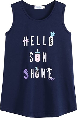 Canotta bambina estiva senza maniche girocollo maglietta sciolta, "HELLO SUN SHINE" blu