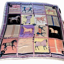 HORSE PRINT scarf SILKY 90cm 35"x35" pink blue purple show horses saddle bridle