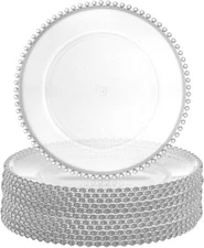 12 Pack Clear Plastic Charger Plates with Bead Rim 13 Inch Plastic Round Serving
