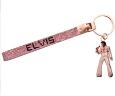 Elvis Presley Keychain Wristlet Pink Rhinestone 6 in Enamel Aloha Charm *NEW*