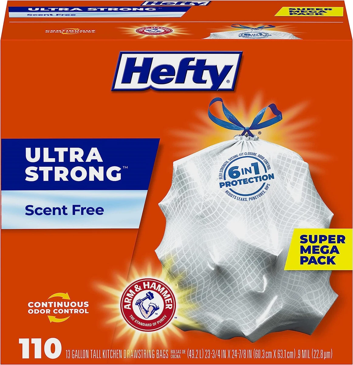  Hefty Strong Tall Kitchen Trash Bags, Unscented, 13