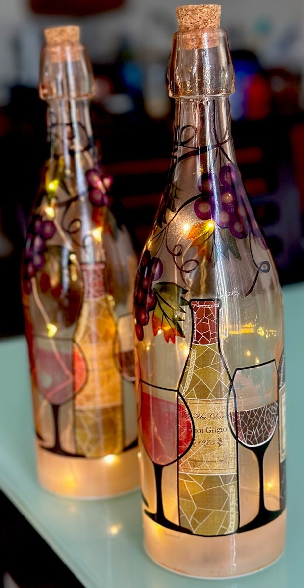 HAND PAINTED WINE BOTTLE W/ LIGHTS INSIDE 13
