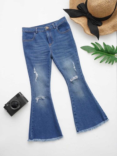 Mädchen gerissene Flare Jeans elastische Taille Glockenunterteil Hose breites Bein Denim Hose - Bild 9 von 19