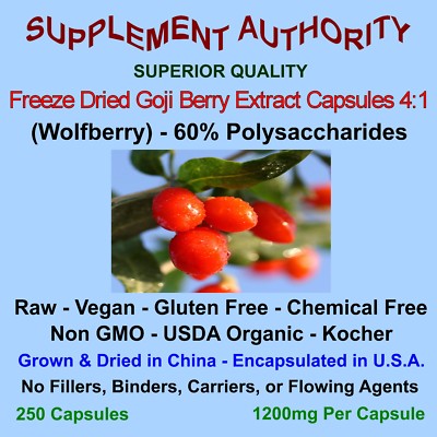 Goji Berries Goji Berry Extract Powder Capsules 250ct 60% Polysaccharides FRESH!