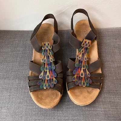 Rieker Sandals Womens Size 37 Brown Multi Color Peacock Boho Festival Wedge Art
