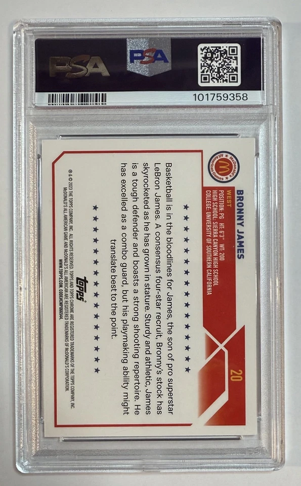 Bronny James 2023 Topps Cromo McDonald’s Variación #20 Lakers Novato PSA 9 Foto 2 de 2