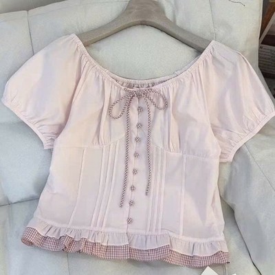 Women's Pink Cottagecore Blouse Puff Sleeve Gingham Ruffle Coquette Pre-Owned