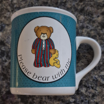 House of Lloyd Please Bear With Me 1986 Blue Polka Dot Bear Coffee Mug