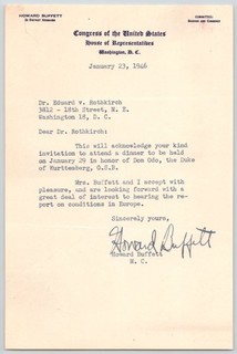 1946 Nebraska Congressman HOWARD BUFFETT Signed Autograph Letter / WARREN Father