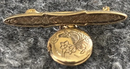 Vintage Style Brooch Pin Locket Bar Dangle Floral  Gold Tone Costume Jewelry