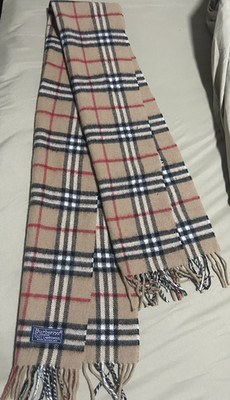 Vintage Burberrys Lambswool Woven Plaid Rectangle Scarf Fringe Logo Beige Multi