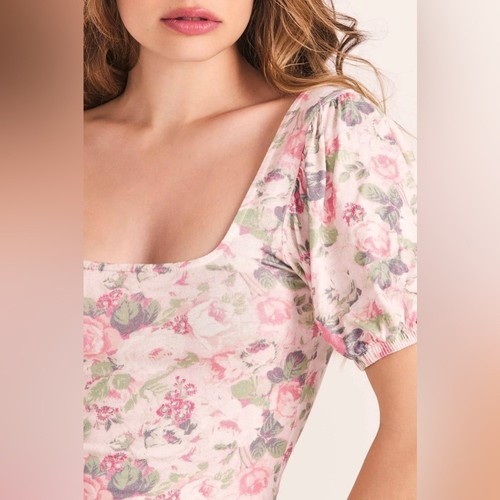 LoveShackFancy Dalary Ruched Puff Sleeve Mini Dress Veiled Kiss Floral XS $295 - Picture 2 of 14