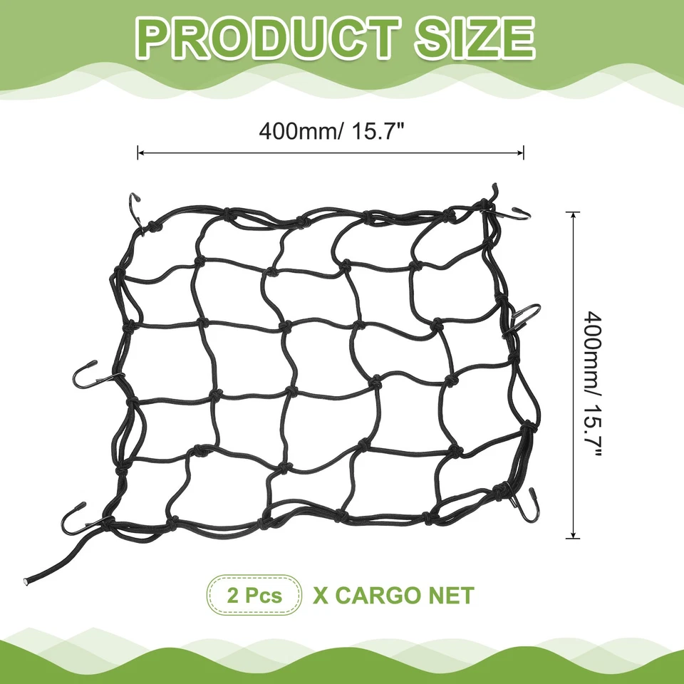 2Pcs Cargo Net, Rubber Bungee Net Stretches Helmet Straps, 15.7" x 15.7", Black Foto 2 de 4