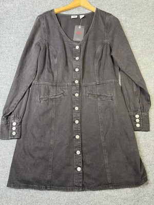 Levi's Denim Dress XL Gray Button Front Long Sleeve Cotton Belted Midi