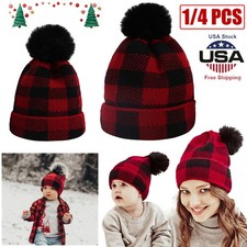 Christmas Red and Black Winter Buffalo Plaid Cuff Beanie Hat for Adult Children