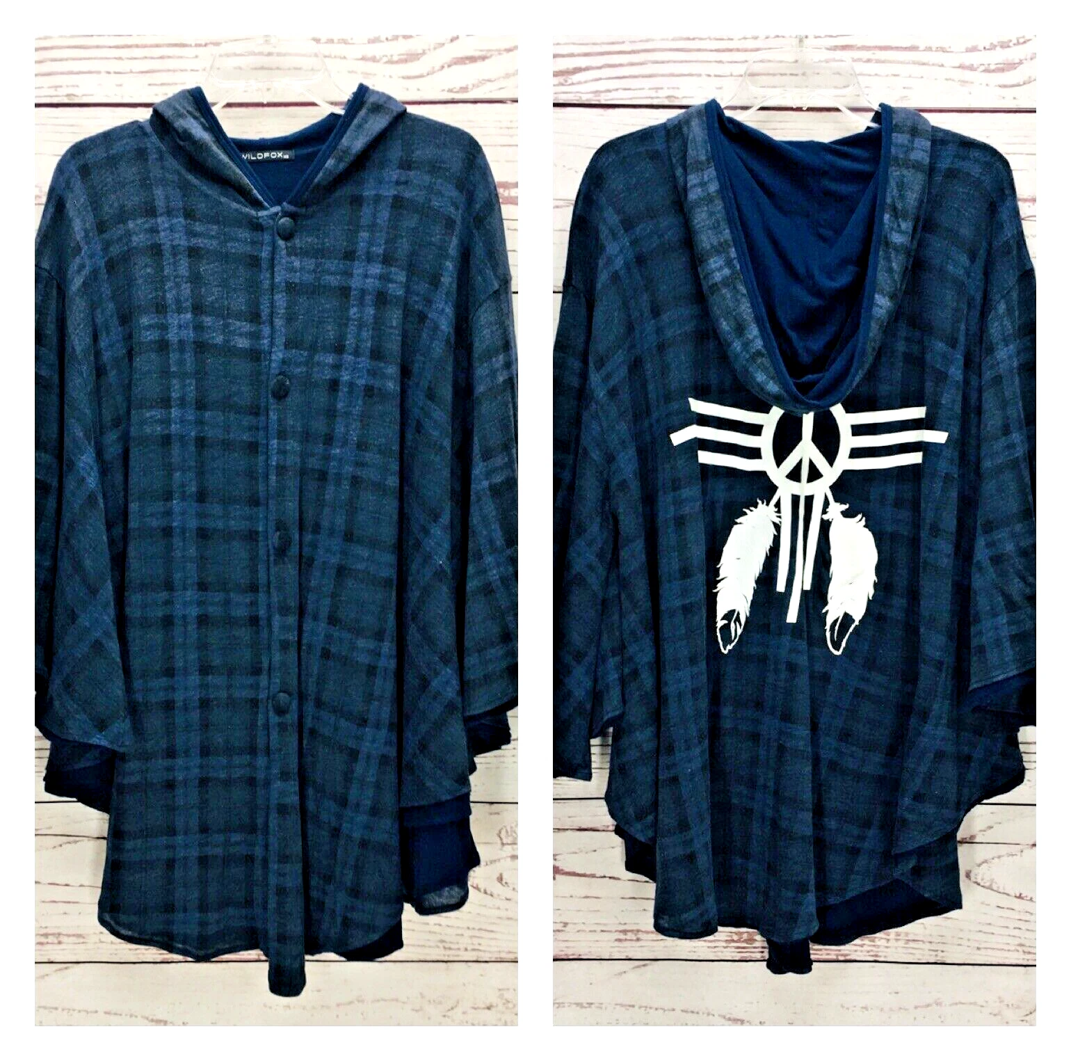 Wildfox Hooded Poncho Oversized Jacket Size XS Soft Blue Plaid 3/4 Sleeve Lined