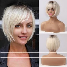 Ombre Platinum Blonde Bob Wig With Bangs For Women Short Straight Bob Synthetic