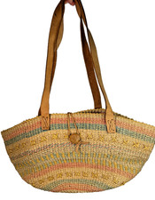 Large Vintage Multicolor Woven Sisal/Raffia/Jute Beach Bag With Leather Handles