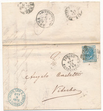 1873 ITALY KINGDOM C 20 BIGOLA TACHIS LEVI TURIN FOR VITERBO NUM. PUNTI - 714