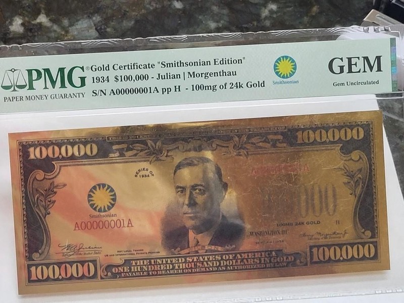 1934 PMG $100,000 Gold CERTIFICATE Smithsonian Edition 100mg Of 24K Gold