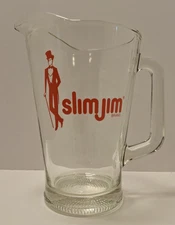Vintage Slim Jim Clear Glass Pitcher Red Logo Large Beer Water Tea