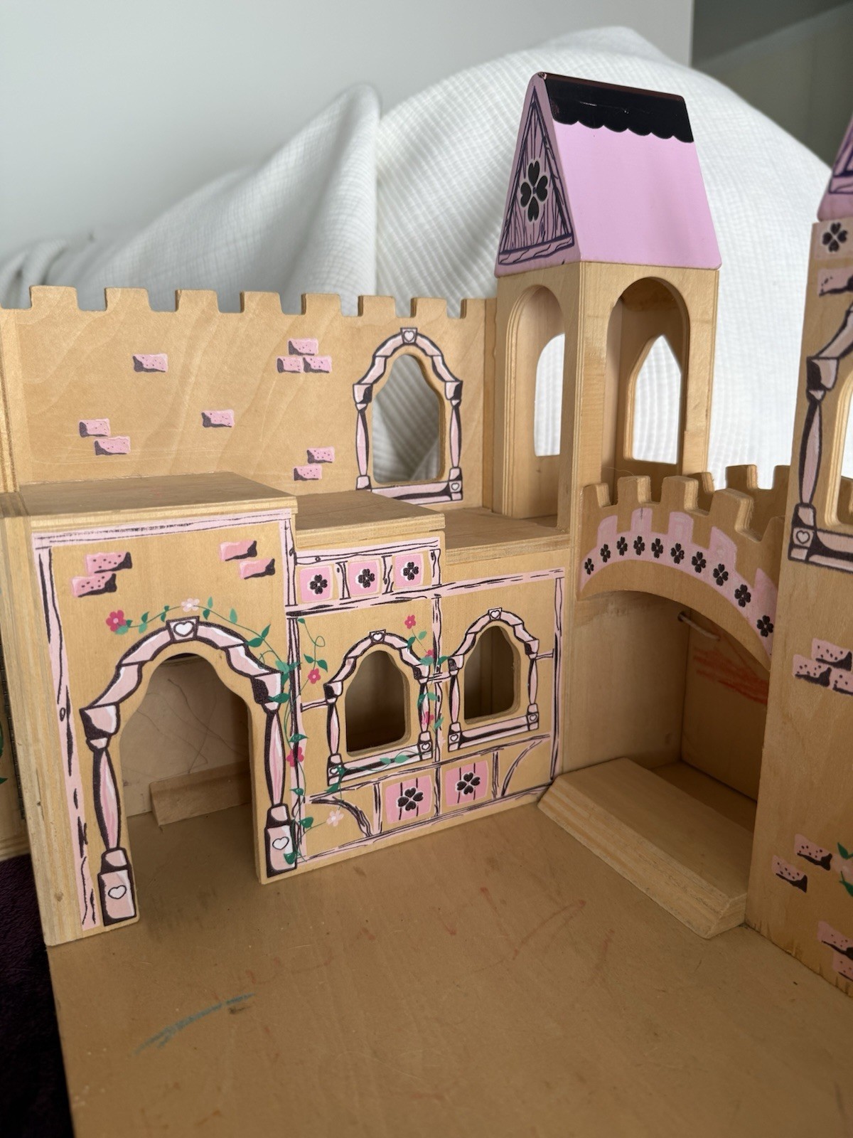 Melissa & Doug Folding Princess Castle Draw Bridge Wooden Sliding Door Stairs