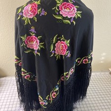 SILK EMBROIDERED PIANO SHAWL 42  Square W/ 9  Fringe