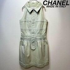 USED RARE CHANEL HIGH-QUALITY COCO MARK GATHERED DENIM SLEEVELESS DRESS GOOD