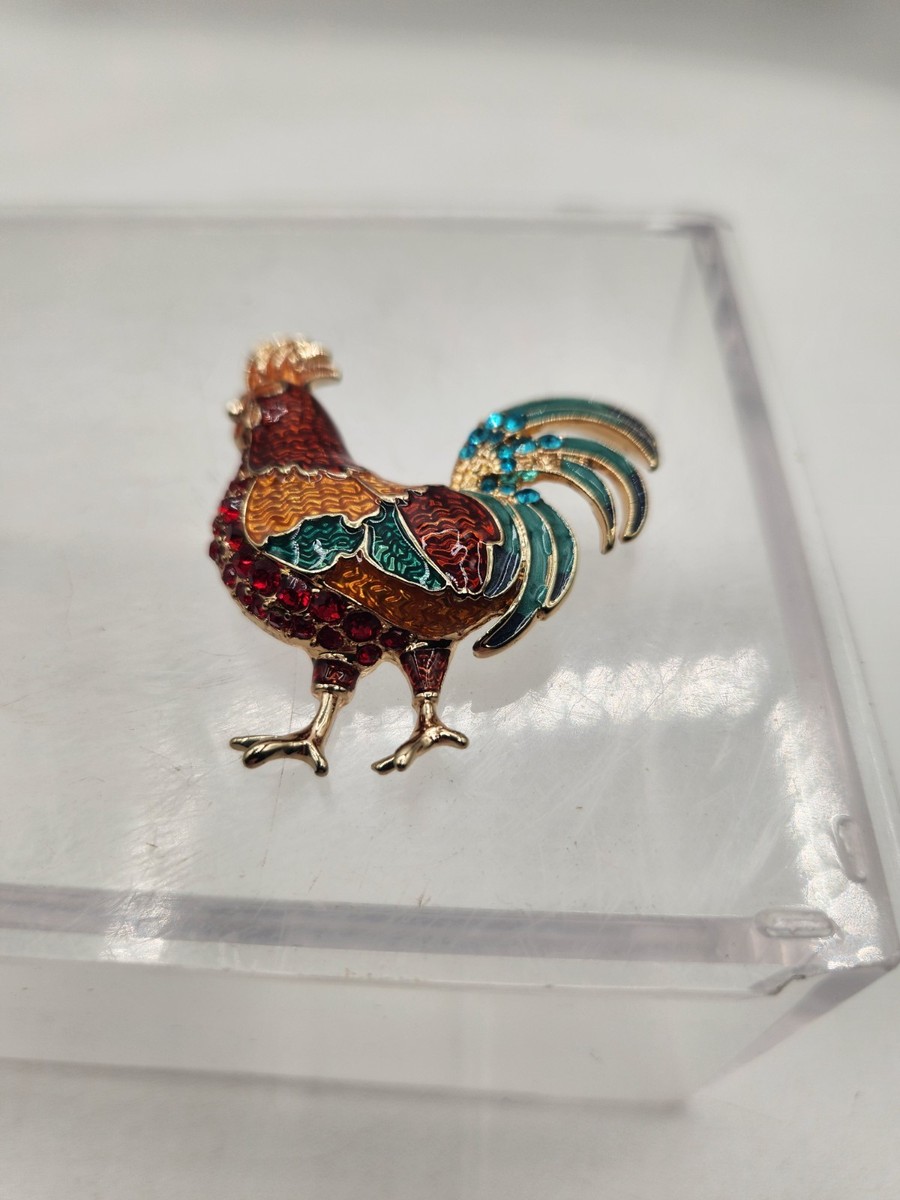 Vtg NAPIER Enamel Rhinestone CHICKEN  ROOSTER Gold tone BROOCH W/2nd No Name Pin View 3