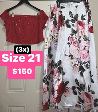 2-Piece Formal Outfit Red Sequin Crop Top White Pink Floral Long Skirt 21