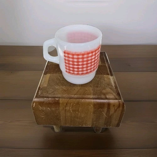 1960's Anchor Hocking Fire King Milk Glass Coffee Mug With Red Gingham Pattern
