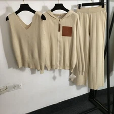 New Three-Piece Suit Hooded Knitted Cardigan Zipper Coat+Vest+Wide-Leg Trousers