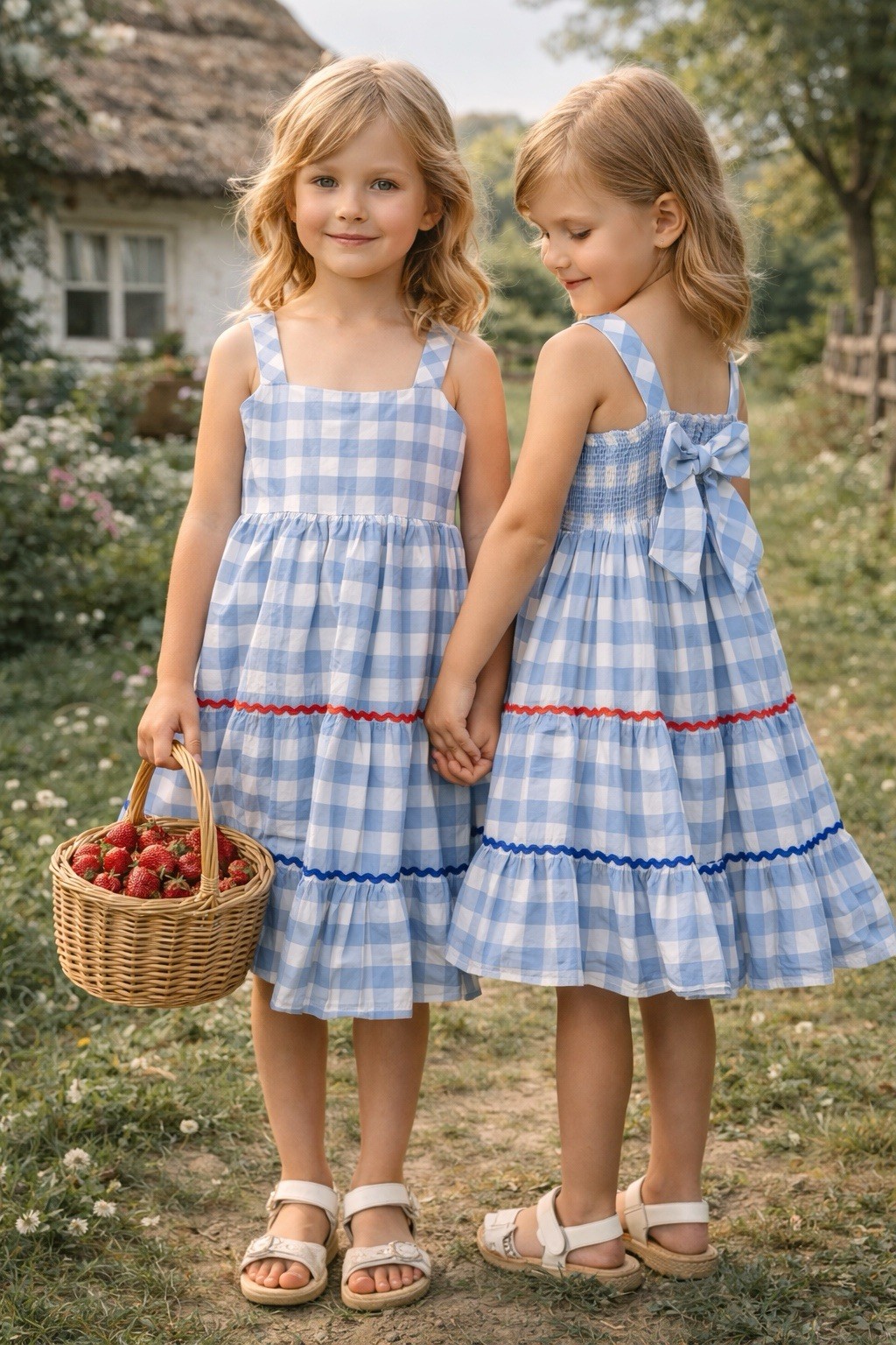 Tahari Sundress Girls 8 Gingham Blue White Tiered Bow Back Cottagecore-image